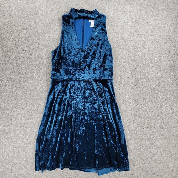 London Times Velvet Burn Out Dress Womens 8 Blue Cutout V Neck Band Collar Party - Picture 11 of 15